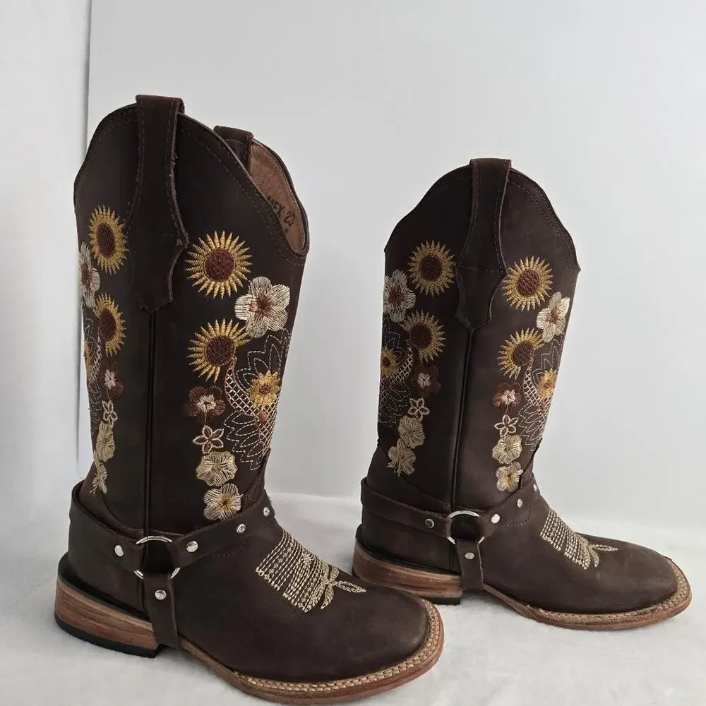 Women's Brown Embroidered Western Cowboy Boots Floral Sunflower Leather Harness